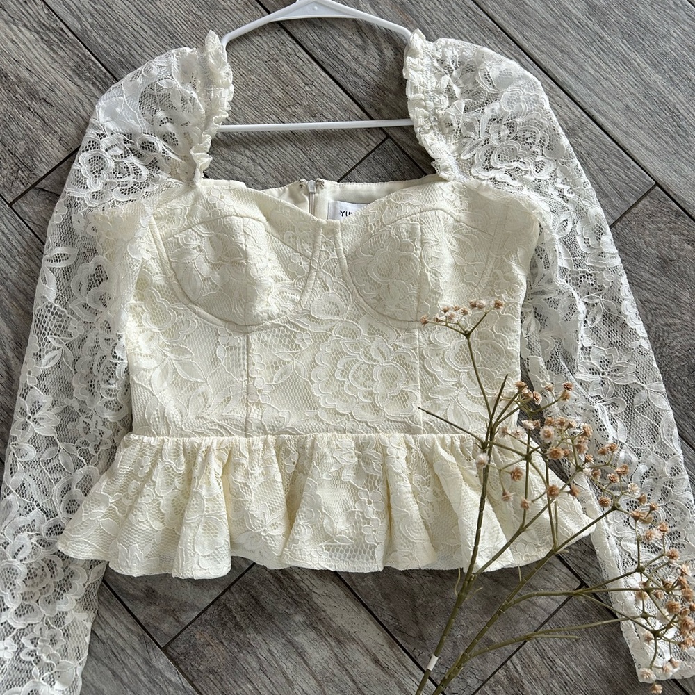 Lace Peplum Long-Sleeve Crop Top - Cream